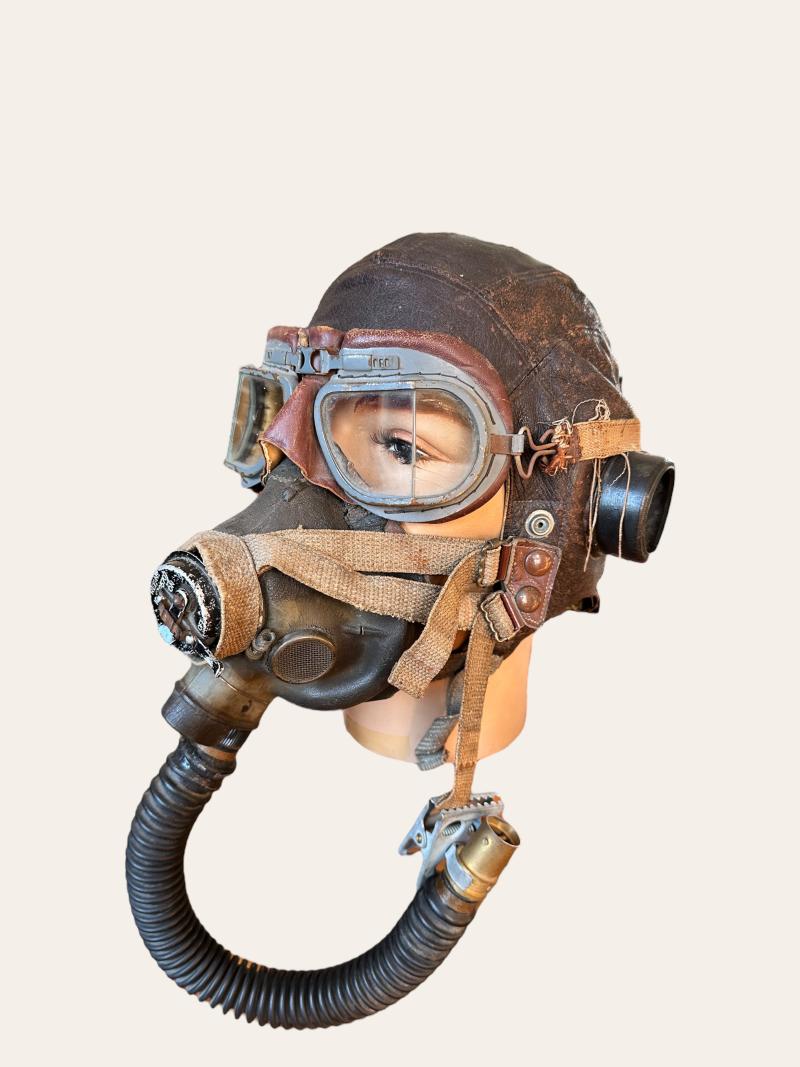 British WWII RAF Flight Cap, Goggles and Oxygen Mask